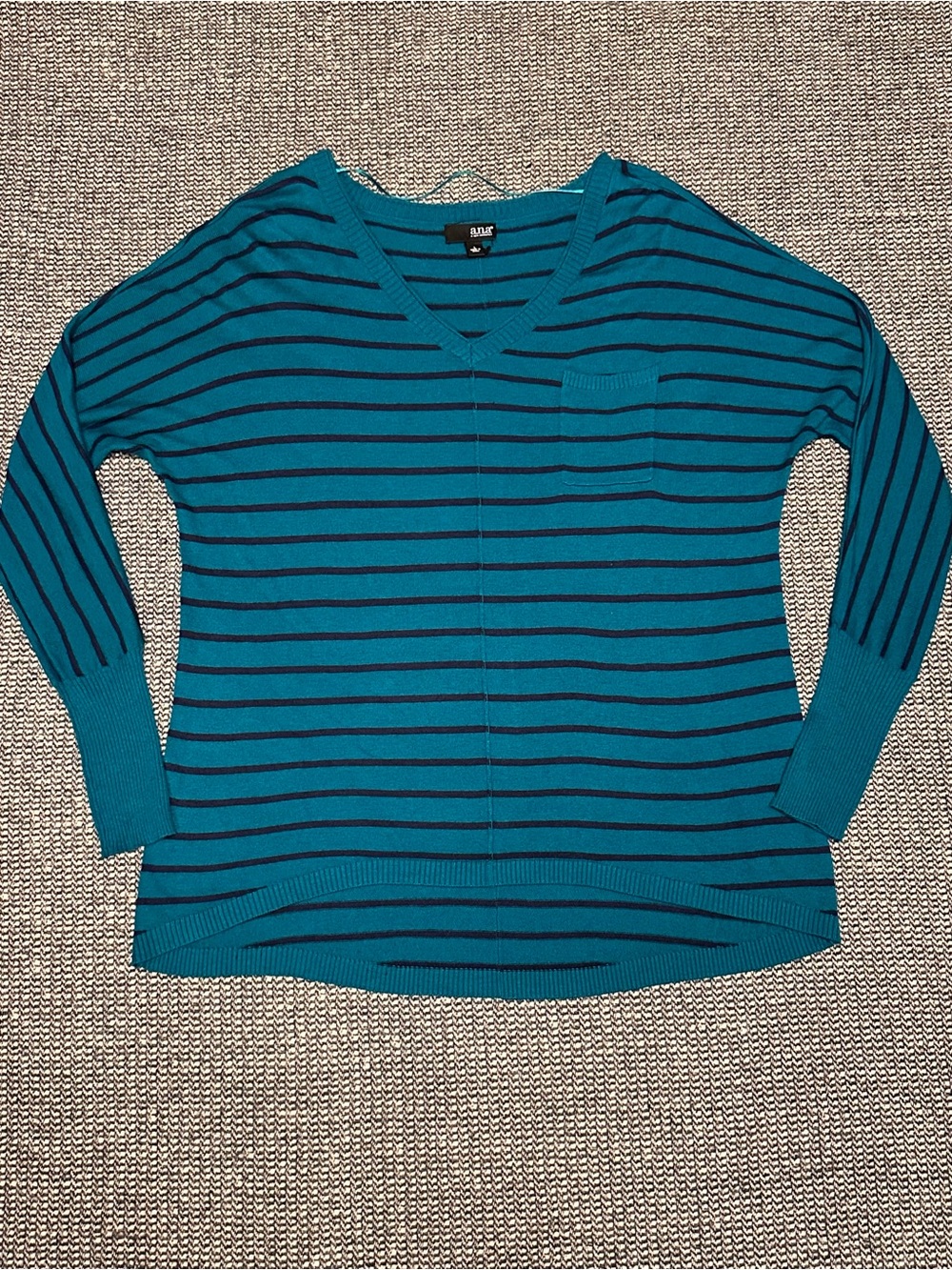 a.n.a Blue Teal Striped V-Neck Sweater